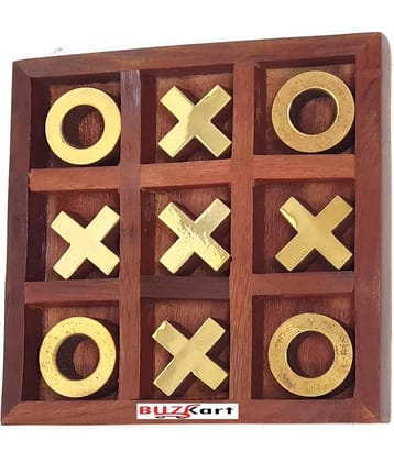 BuzyKart® Noughts and Crosses Game Brass Wood Tic Tac Toe Toy Game for Kids Adults
