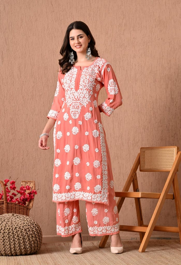 Hand Embroidered Chikankari Plazo Set 3d Work- Peach