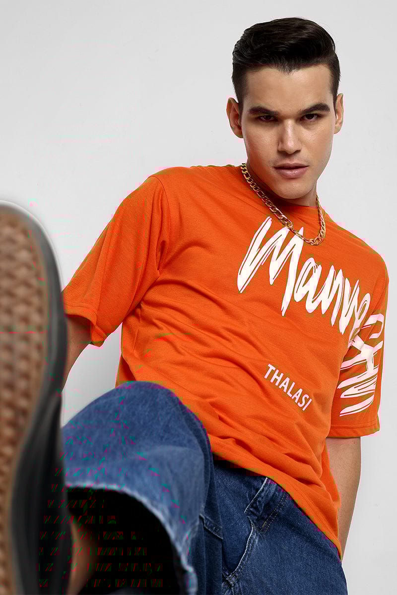 Orange Korean Back Print Oversized T Shirts for Men-Small