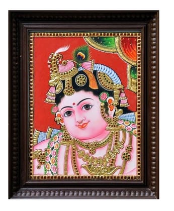 Small Krishna Traditional Tanjore Painting By Authentic Handcrafted Method (Size 18x14)