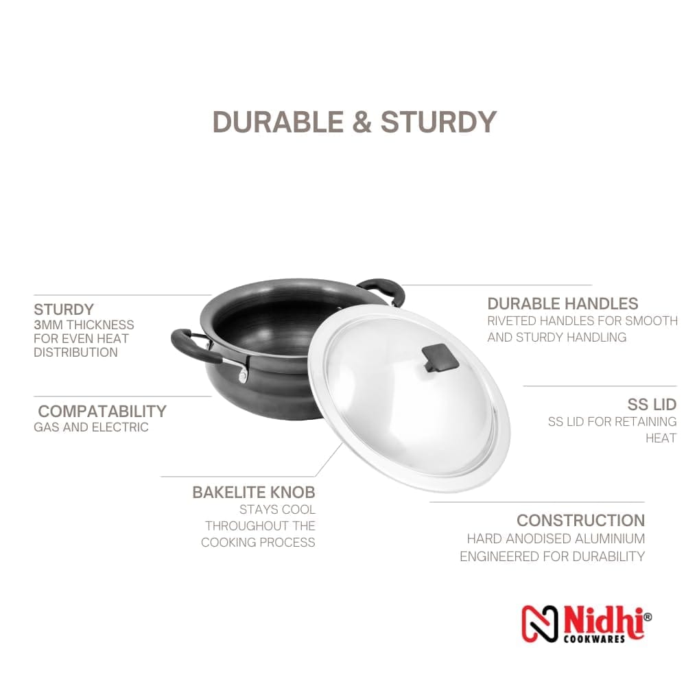 NIDHI HARD ANODISED HANDI WITH SS LID I 1.5 LTR I 3MM THICKNESS (Non-toxic, Non reactive/black)