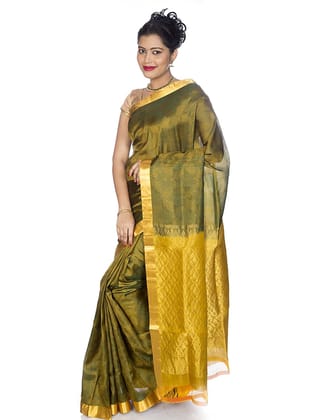 Olive Kanchipuram Pure Silk Saree with Slim Gold Border