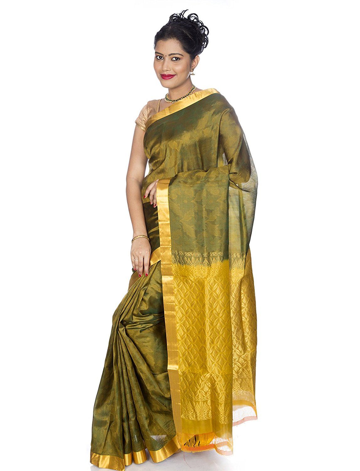 Olive Kanchipuram Pure Silk Saree with Slim Gold Border
