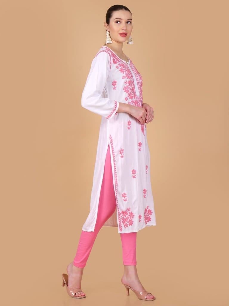 Handmade Lucknow Chikankari Off-White Kurta with Pink Thread work