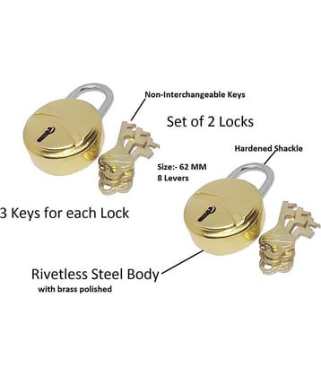 Unikkus set of 2 locks and keys for home room door and multi-purpose, size locks 62 MM gold color padlocks