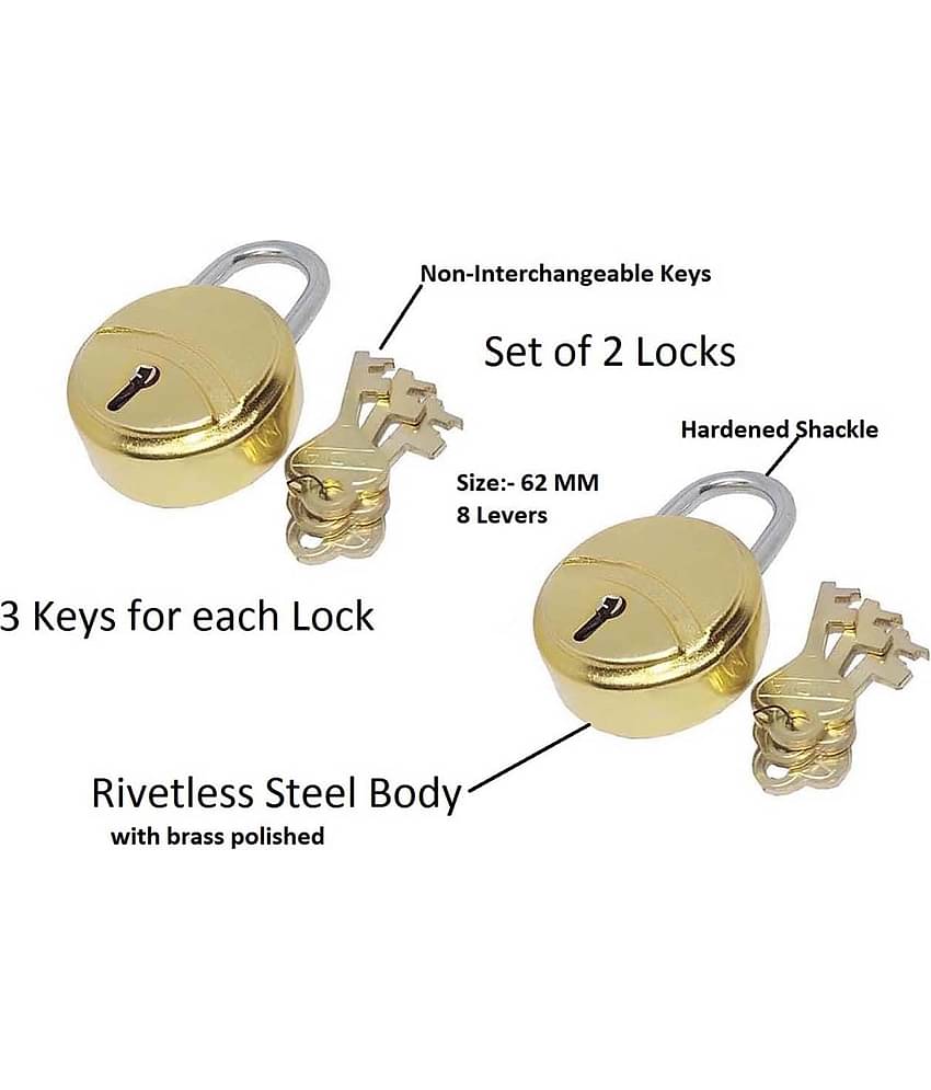 Unikkus set of 2 locks and keys for home room door and multi-purpose, size locks 62 MM gold color padlocks
