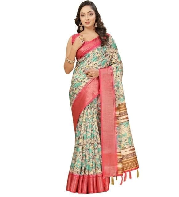 Women's Cotton Silk Floral Printed Saree With Unstitched Blouse 5.5Mtr (Multicolor)-PID66609