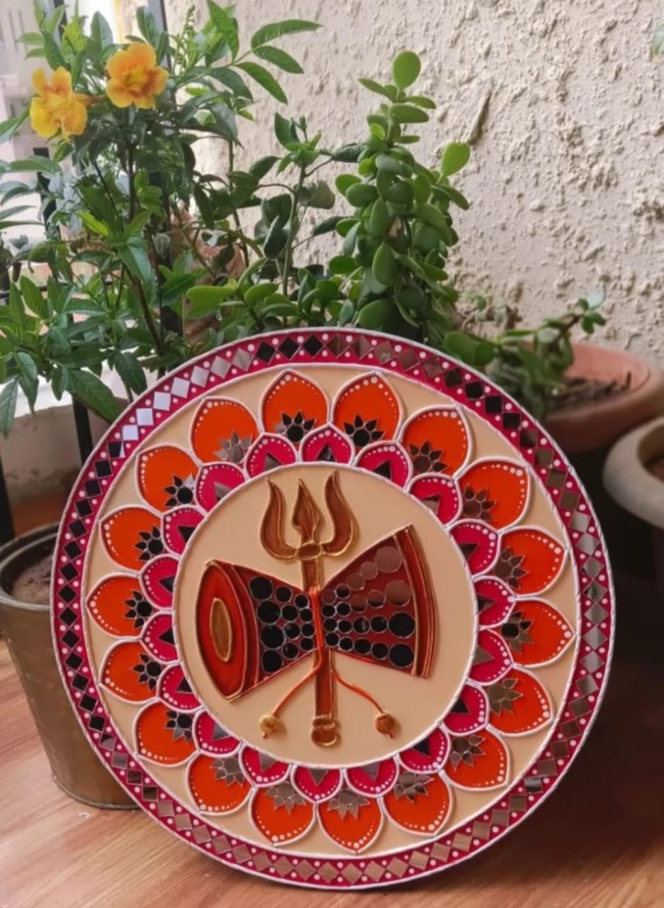 MANDALA  ART  WITH DAMRU AND TRISUL THEMED POOR RESIN DUST PROOF AND WATER PROOF ART PACK OF ONE  (12" inch)