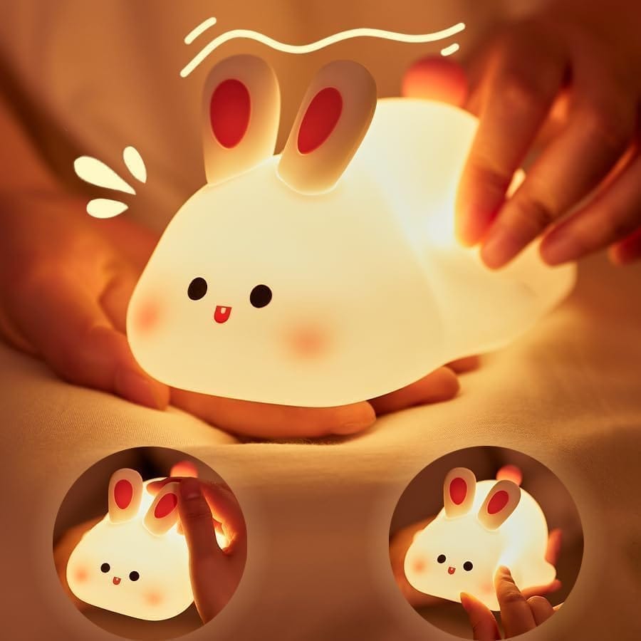 Cute Little Rabbit Night Light Touch Silicone Animal Night Lamp | Rechargeable LED Bedside Lamp for Children's Bedroom | Ideal Gift for Boys, Girls, Toddlers, and Nursery