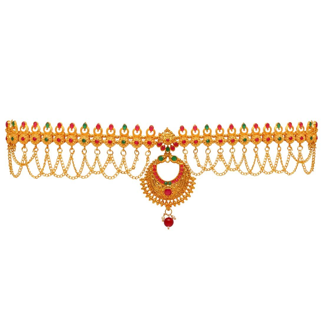 Maroon & Green Color Glass Stone Kamarband (KMBND329MG)-Adjustable Chain / Maroon / Alloy With Good Quality Gold Plated