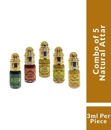 INDRA SUGANDH BHANDAR Attar Ruh Khus, Musk Heena, Kesar Chandan, Har Shringar, Nag Champa 3ml Rollon 5 Pc. Combo Pack