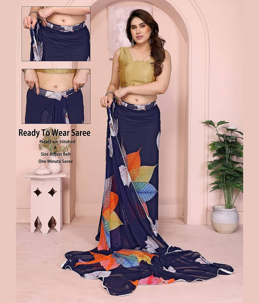 Gazal Fashions Georgette Printed Saree With Unstitched Blouse Piece ( Navy Blue )