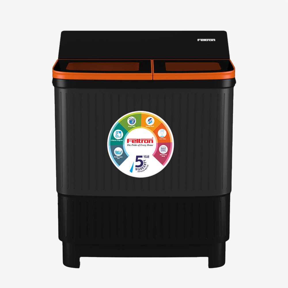Feltron 8 Kg Semi Automatic Top Load Washing Machine Black Full Glass Lid