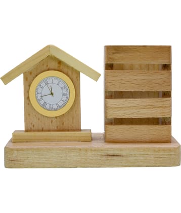 Wooden Pen Holder Stand Office Home Dryer Table Desk Clock