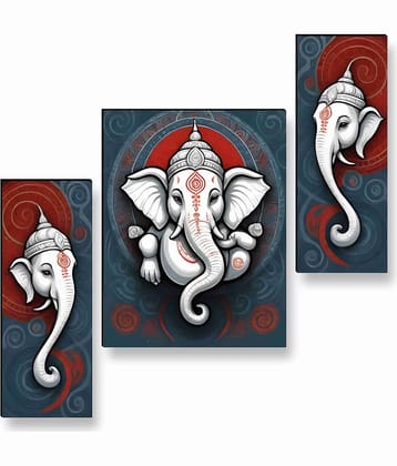 SAF Lord Ganesha 3 Panel Wall Art – Divine Ganesh God Painting with Modern Red-Blue Swirl Background for Home Temple & Living Room Décor 12 Inch x 20 Inch