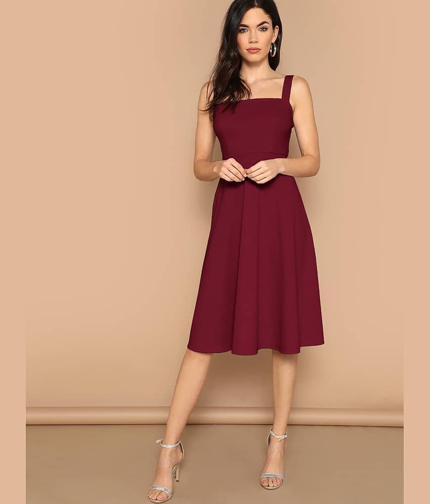Aahwan Women Polyester Solid Fit & Flare Dress ( Maroon )