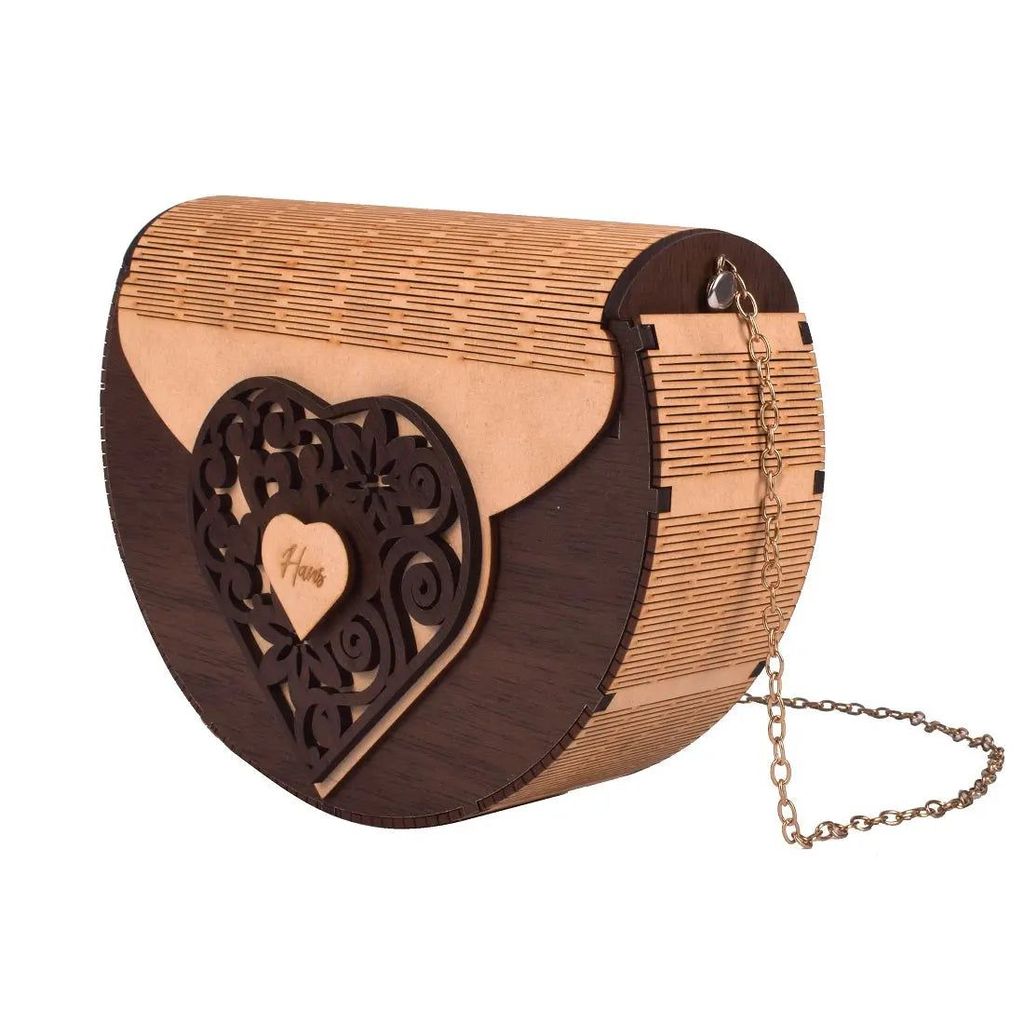 Handcrafted Wooden Heart Engraved Handbag with Gold Chain Strap - Stylish Eco-Friendly Crossbody Bag for Perfect Rakhi Festival Gift for sister