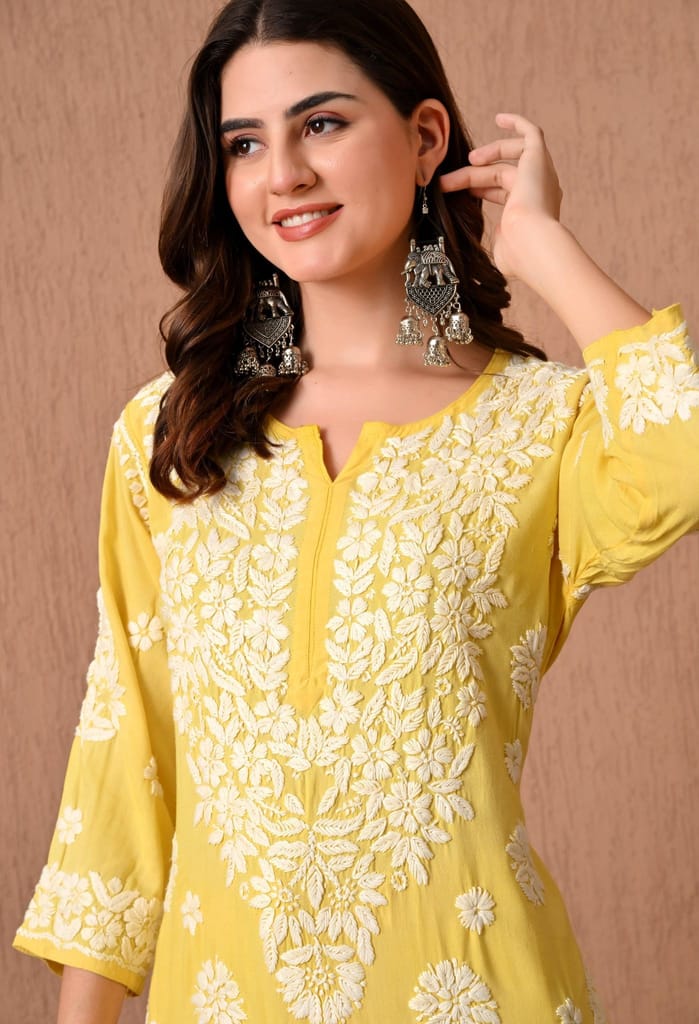 Hand Embroidered Chikankari Plazo Set 3d Work- Yellow