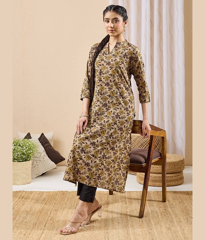 Janasya Women Cotton Printed Straight Kurti ( Brown )