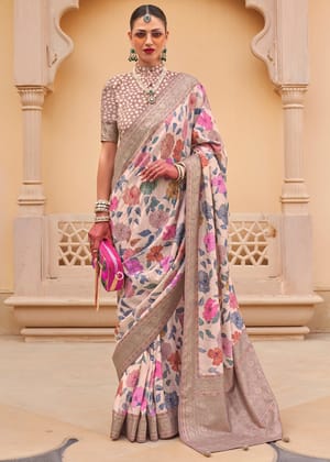 Peach And Pink Floral Printed Soft Silk Saree