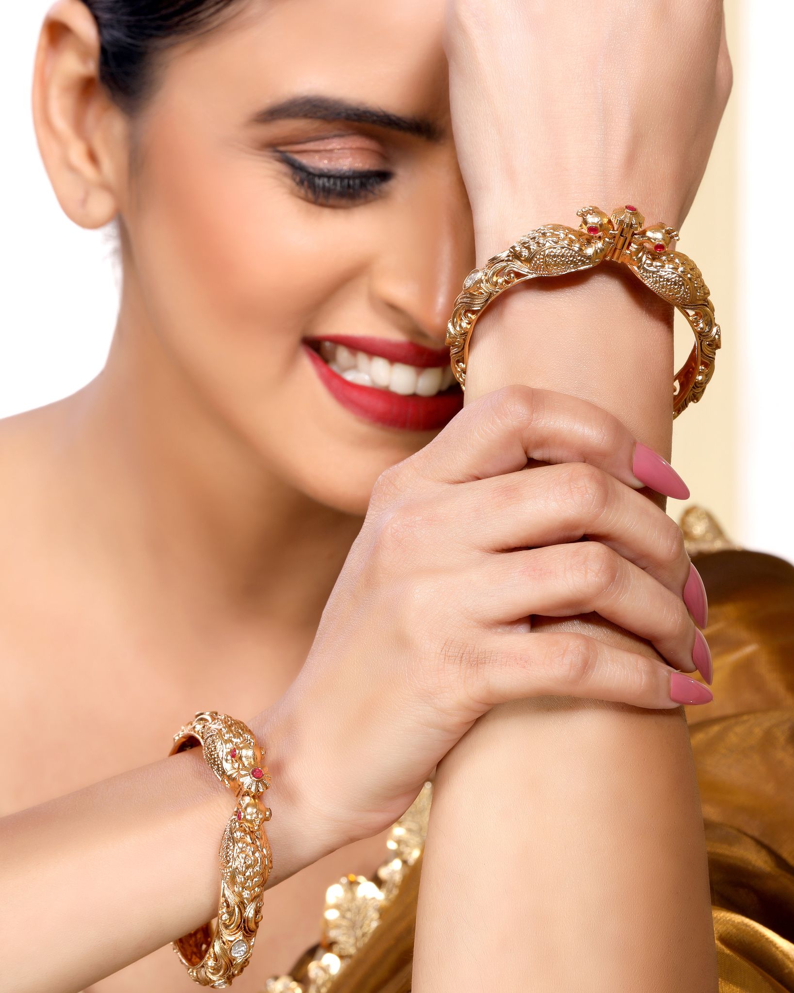 Magnificent Ruby n Emerald Studded Openable Brass Kada Bangle in Matte Finish Gold-2.4