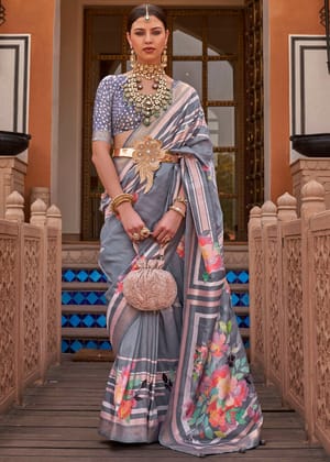 Grey Soft Silk Saree With Flowery Print