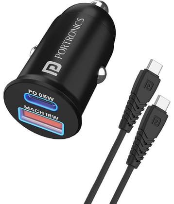 Portronics 65 Watts Car Power 65 Dual Output Fast Car Charger with 100W Type-C Cable (2m), 65W Type-C PD & 18W USB, Charging Adapter Compatible with Cars for iPhone & Android Smartphone, Laptop(Black)