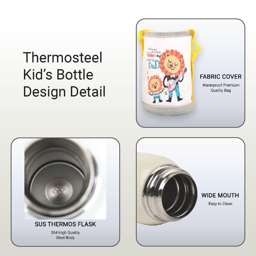 Femora Kids Lion Design Hot & Cold Thermosteel Water Bottle for Kids Double Walled Vacuum Insulated Stainless Steel Bottles with Bag (550 Ml) (Cream)