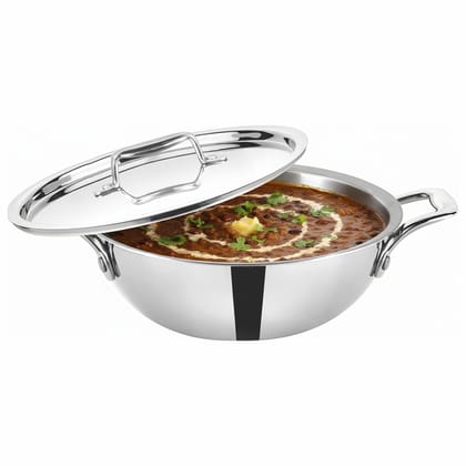 BALTRA Triply Stainless Steel Kadai / Kadhai with Steel Lid Induction Friendly Nonstick 3lyr Body, 100% Toxin-Free, No Chemical Coating (3.5L (26cm)