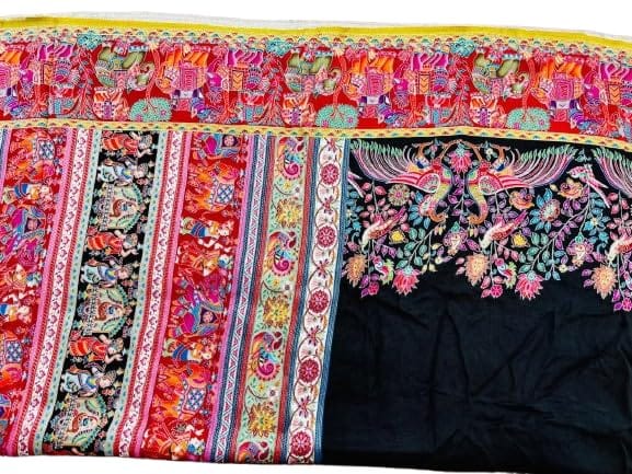 Tulip Rajwadi Traditional Saree, Multicolour Rajasthani Motif Design, Black Base