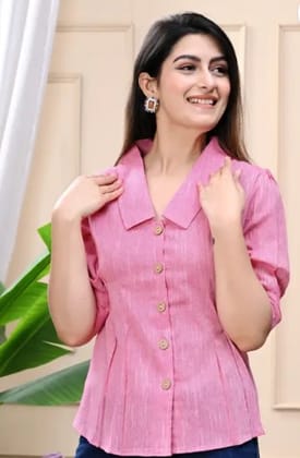 Casual Puff Sleeves Self Design Women Pink Top Pink (Size L)