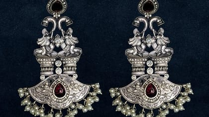 Bilasita Royal Heritage Chandbali Earrings | Oxidised Silver Finish with Maroon Stone & Pearls | Ethnic Festive Wear