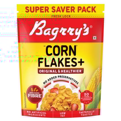 Bagrry's Corn Flakes Plus 800gm Pouch | Original and Healthier | Low Fat & Cholesterol | High Fibre | All Natural CornFlakes |Breakfast Cereal
