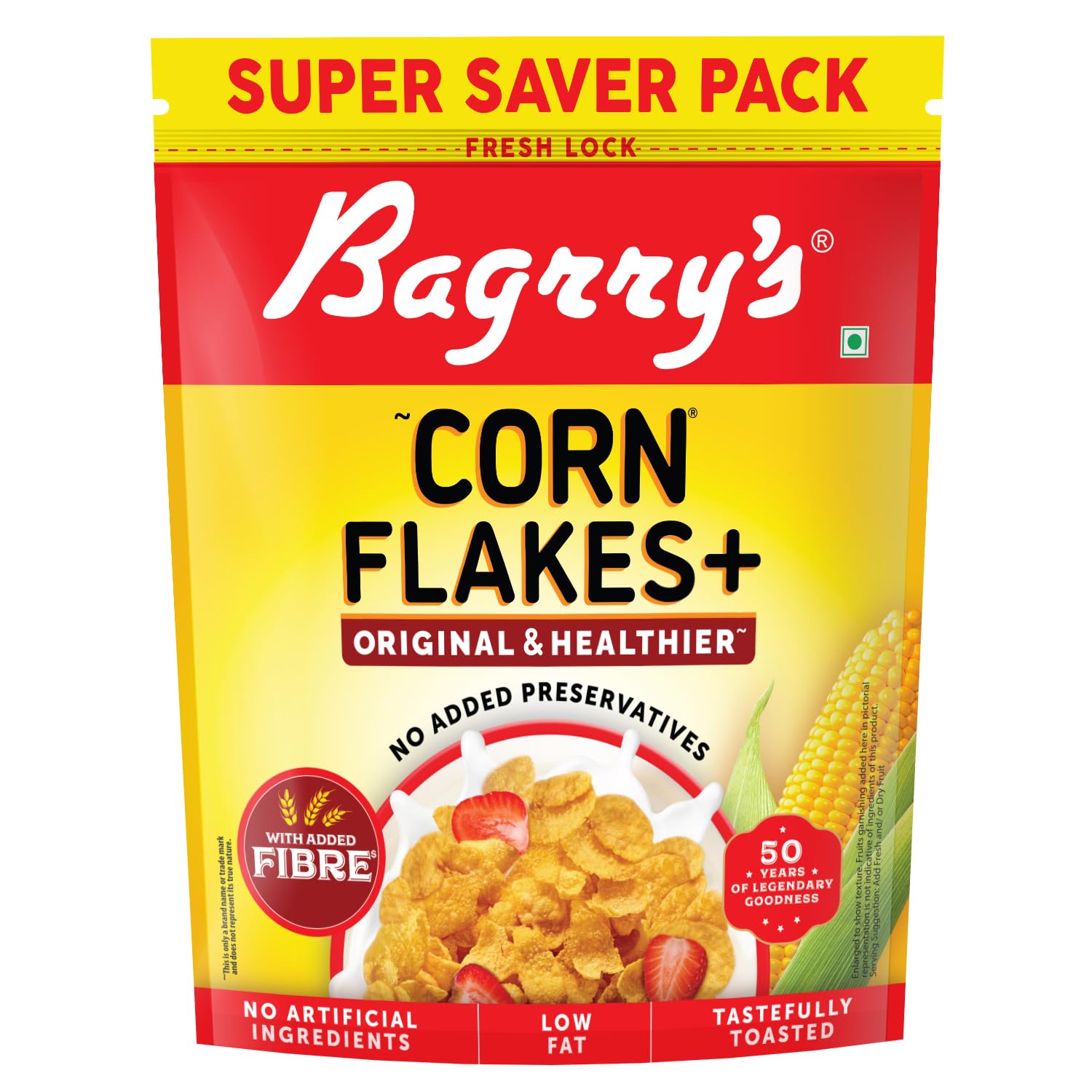 Bagrry's Corn Flakes Plus 800gm Pouch | Original and Healthier | Low Fat & Cholesterol | High Fibre | All Natural CornFlakes |Breakfast Cereal