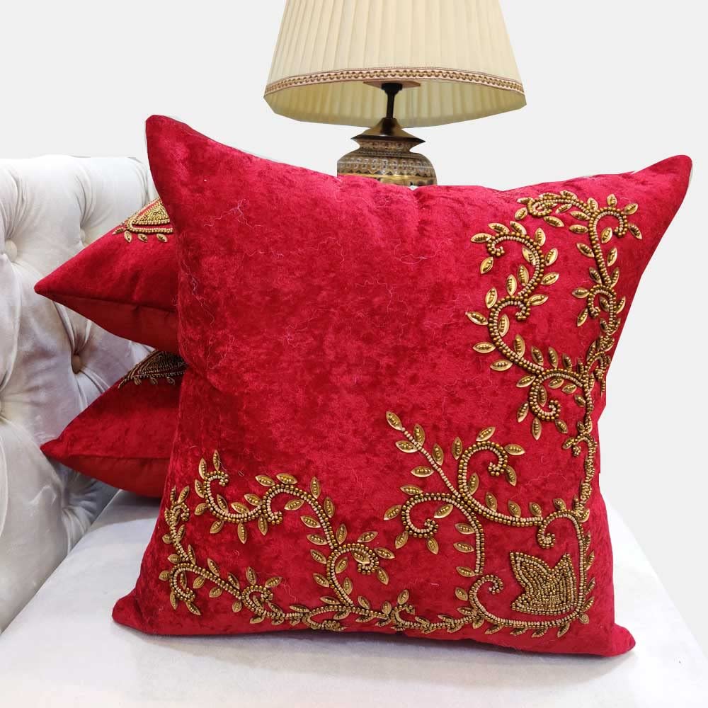 Suede Maroon/ Red Set of 3 Ethnic Beaded Embroidered Square Combo Cushion Covers for Sofa Home Bedroom (24x24 inch or 60 x 60 cm) - Ethnic Shoes | Buy online on ZillyBuy