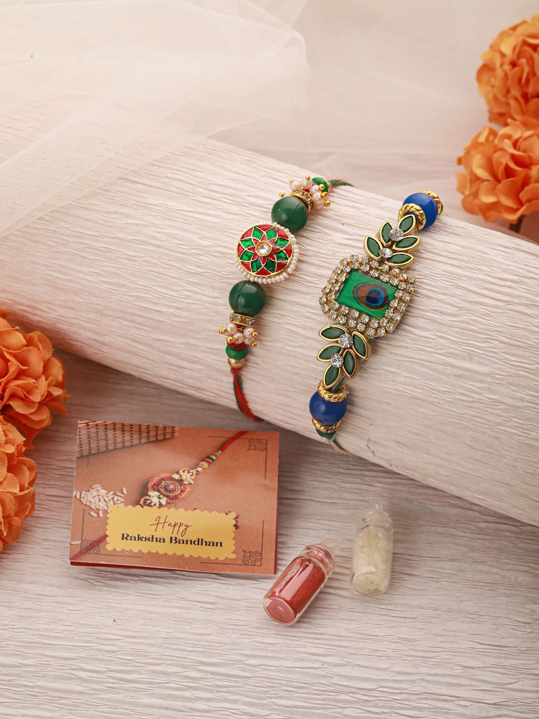 Set Of 2   Kundan Green Meenakari  Peacock Designer Rakhi With Roli Chawal