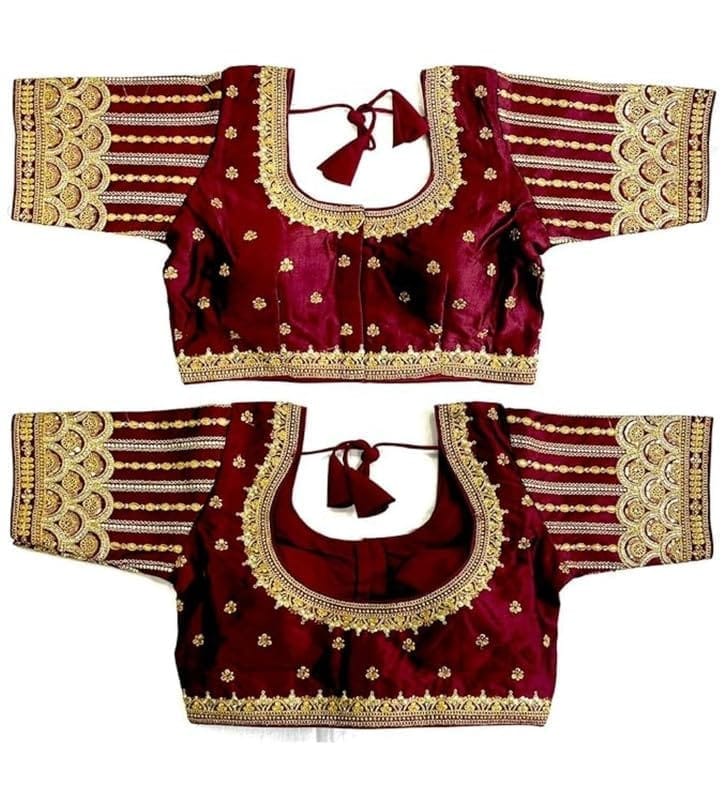 Women's Phantom Silk Embroidery Round Neck Short Sleeve Readymade Blouse (Brown, Free Size)-PID57755