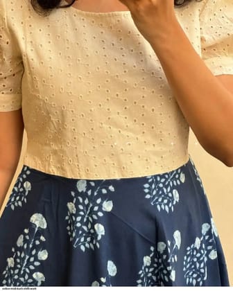 INDIGO CHARM COTTON MIDI KURTI SHIFLI DETAILS WESTERN DRESS-s / White