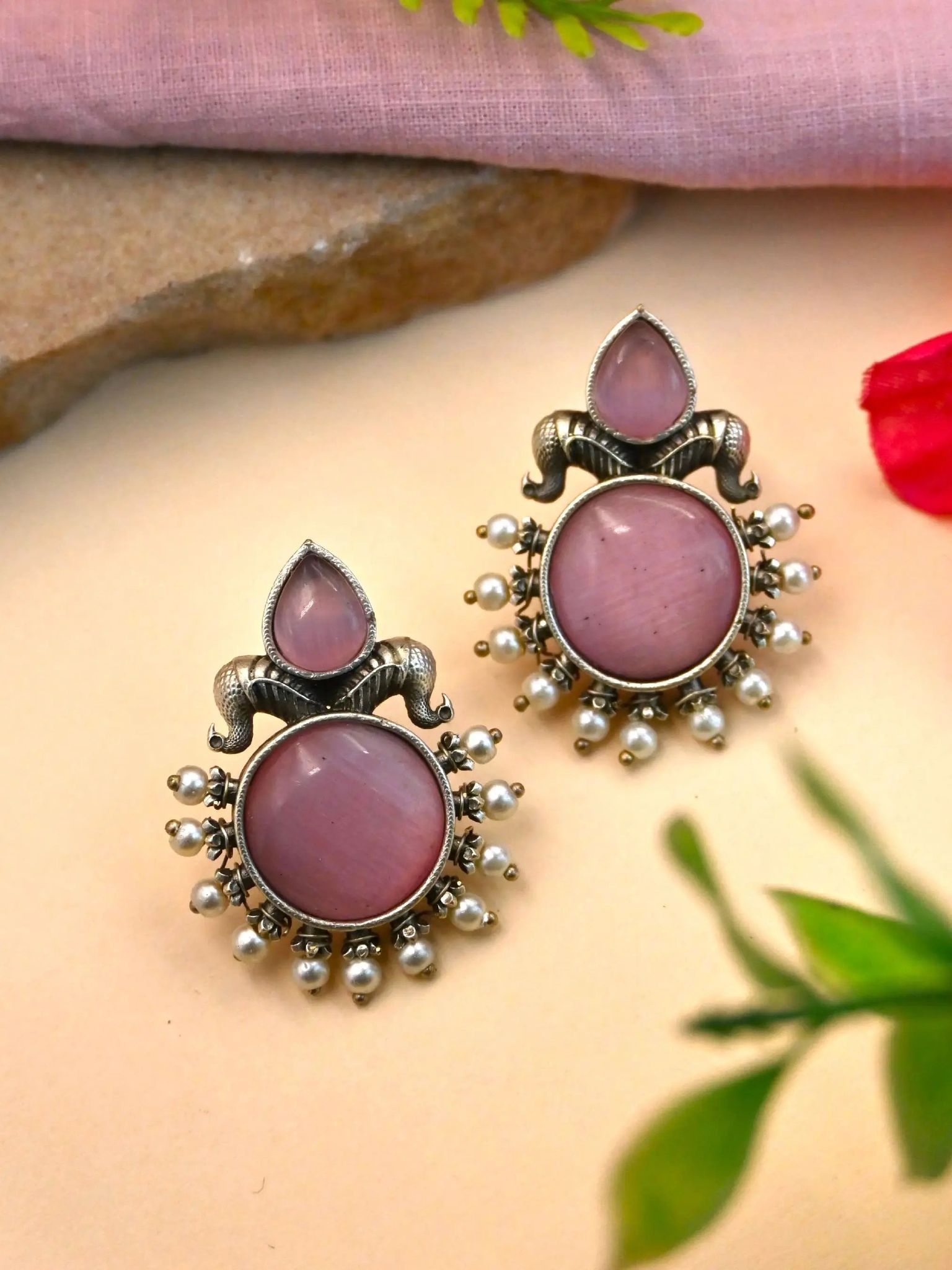 Oxidised Silver Monalisa Stone Stud Earrings with Classy Design | Sarichka-Pink