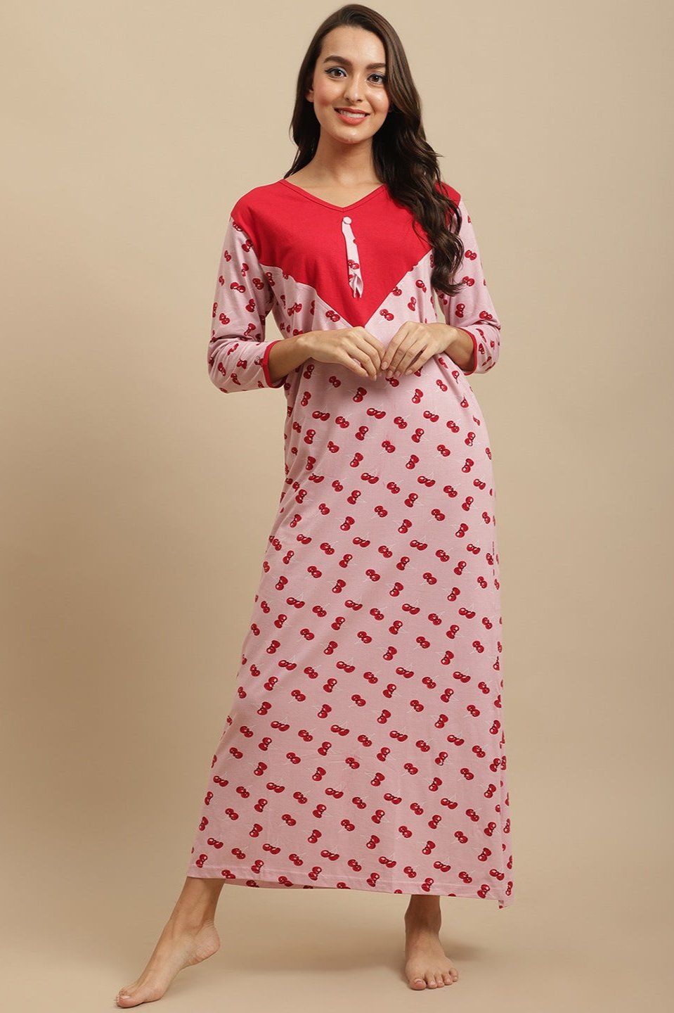 Pink Color Abstract Printed Cotton nighty For Women-m / pink