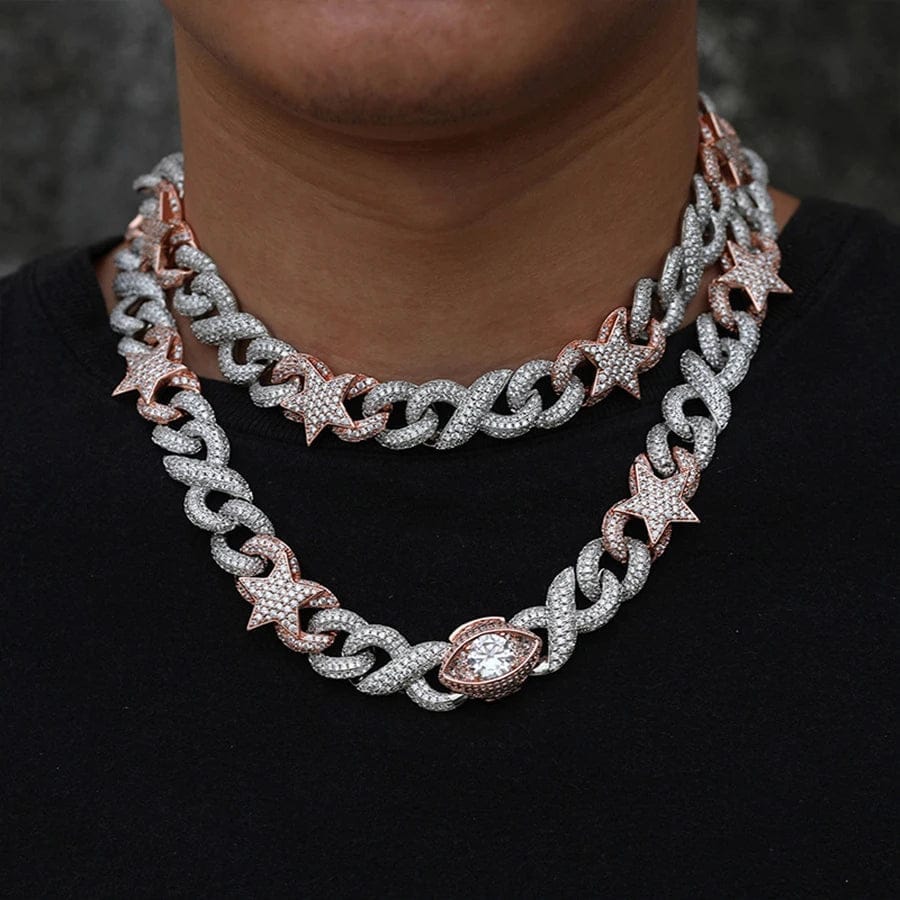 Wholesale Hip Hop Jewelry Iced Out 18k 24k Rose Gold Plated Necklace Star Evil Eyes 18mm Miami Cuban Link Chain