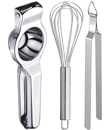 JISUN - Silver Stainless Steel Lemon Squeezer+Egg Whisk+Roti Chimta ( Set of 3 )