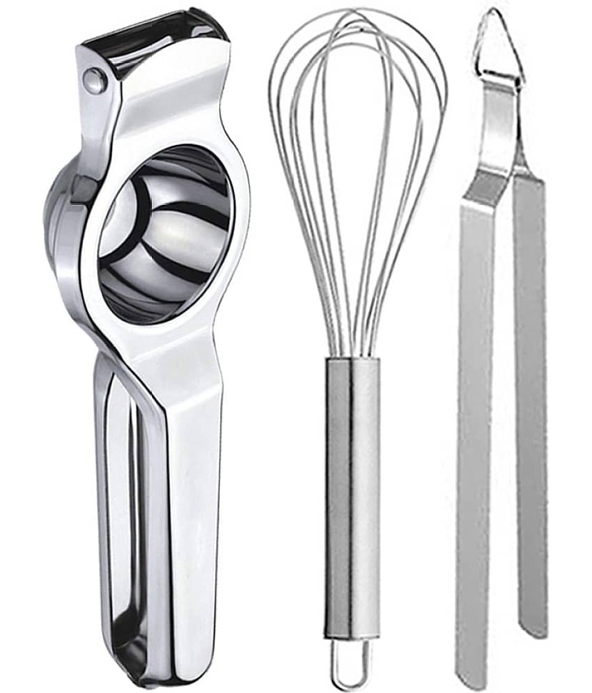 JISUN - Silver Stainless Steel Lemon Squeezer+Egg Whisk+Roti Chimta ( Set of 3 )