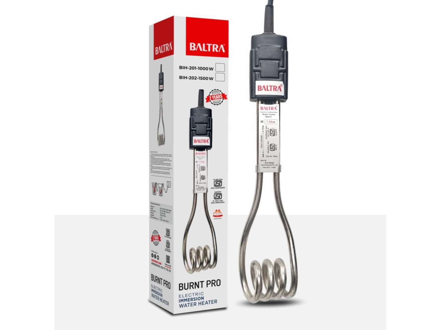 Baltra Burnt Pro Electric Immersion Rod Water Heater, Indicator Light, Water Level Marking, Solid Hook for bucket Grip, nickel plating (1500w)