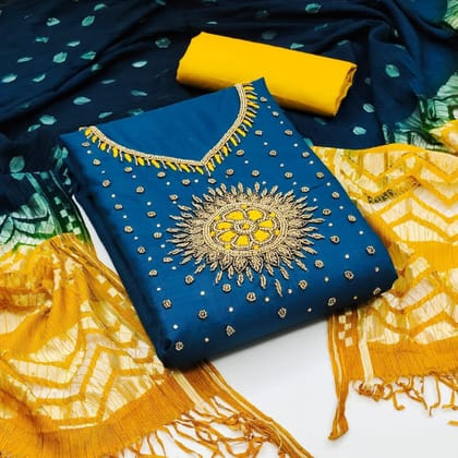 Slub Cotton Embroidery work Material (Unstitched)-Blue