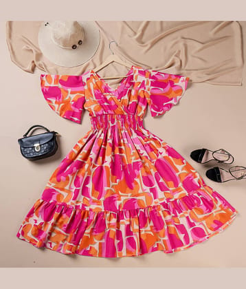 Femvy Women's Polyester Printed Fit & Flare Dress ( Orange )