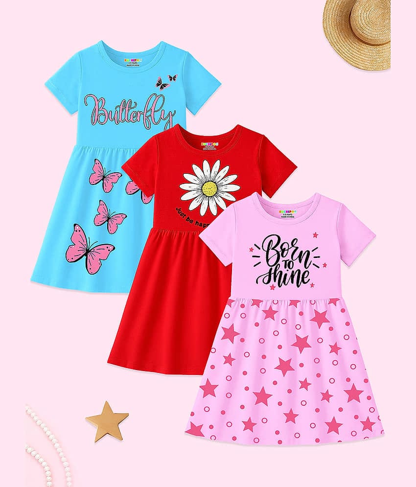 Kuchipoo Cotton Blend Dress For Girls ( Pack of 3 , Multicolor 14 )