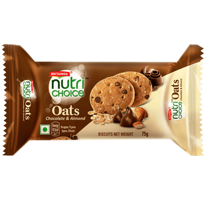Britannia Nutrichoice Oats Cookies - Chocolate & Almonds, Fibre Rich, Healthy Snack, 75 G Britannia Nutrichoice Oats Cookies - Chocolate & Almonds, Fibre Rich, Healthy Snack, 75 G