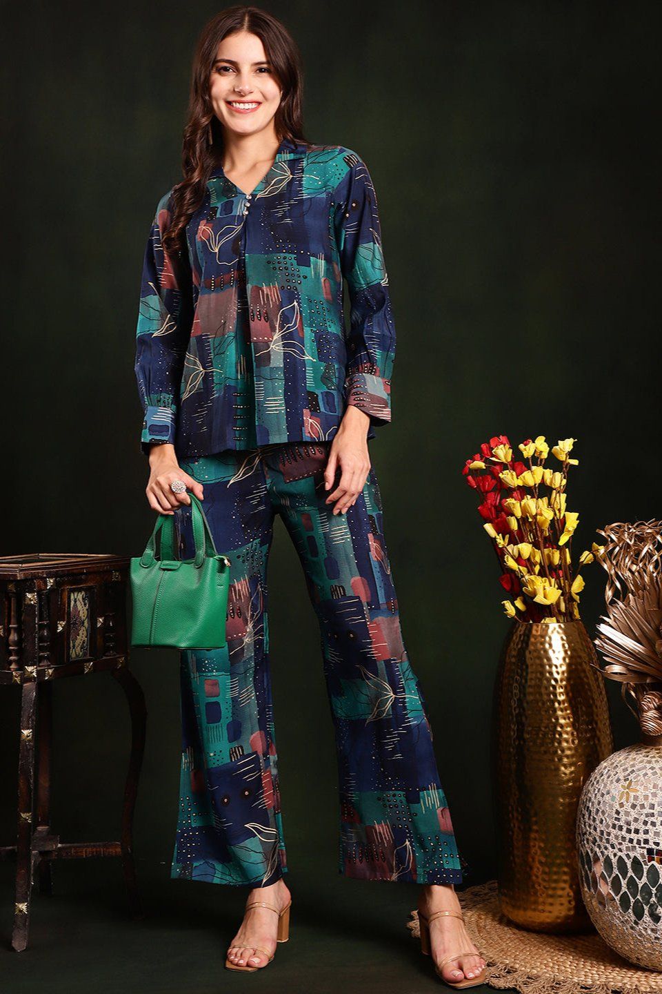 Blue Color Printed Premium Chanderi Silk Co-Ord Set-S