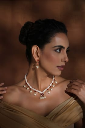 Omya Red Kundan and Pearl Layered Necklace Set-Kundan